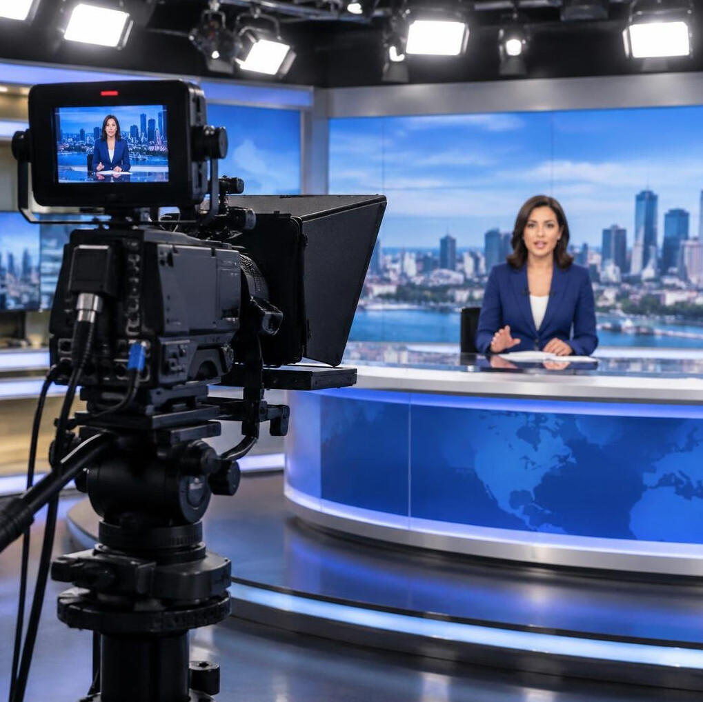 Camera and presenter during a live broadcast moment