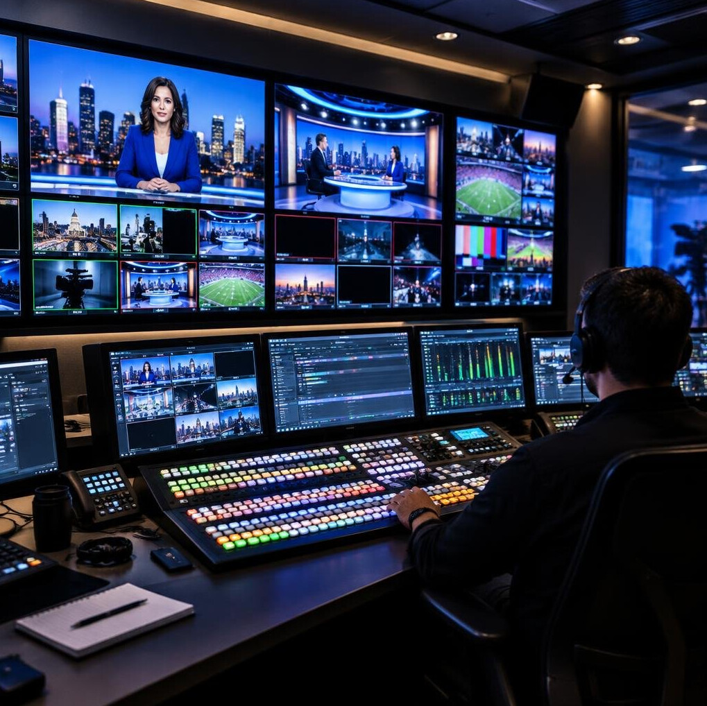 Control room with multiple video monitors and switchers