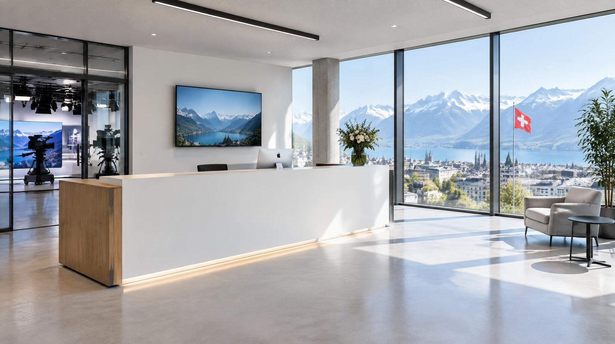 Reception desk area of a modern production studio