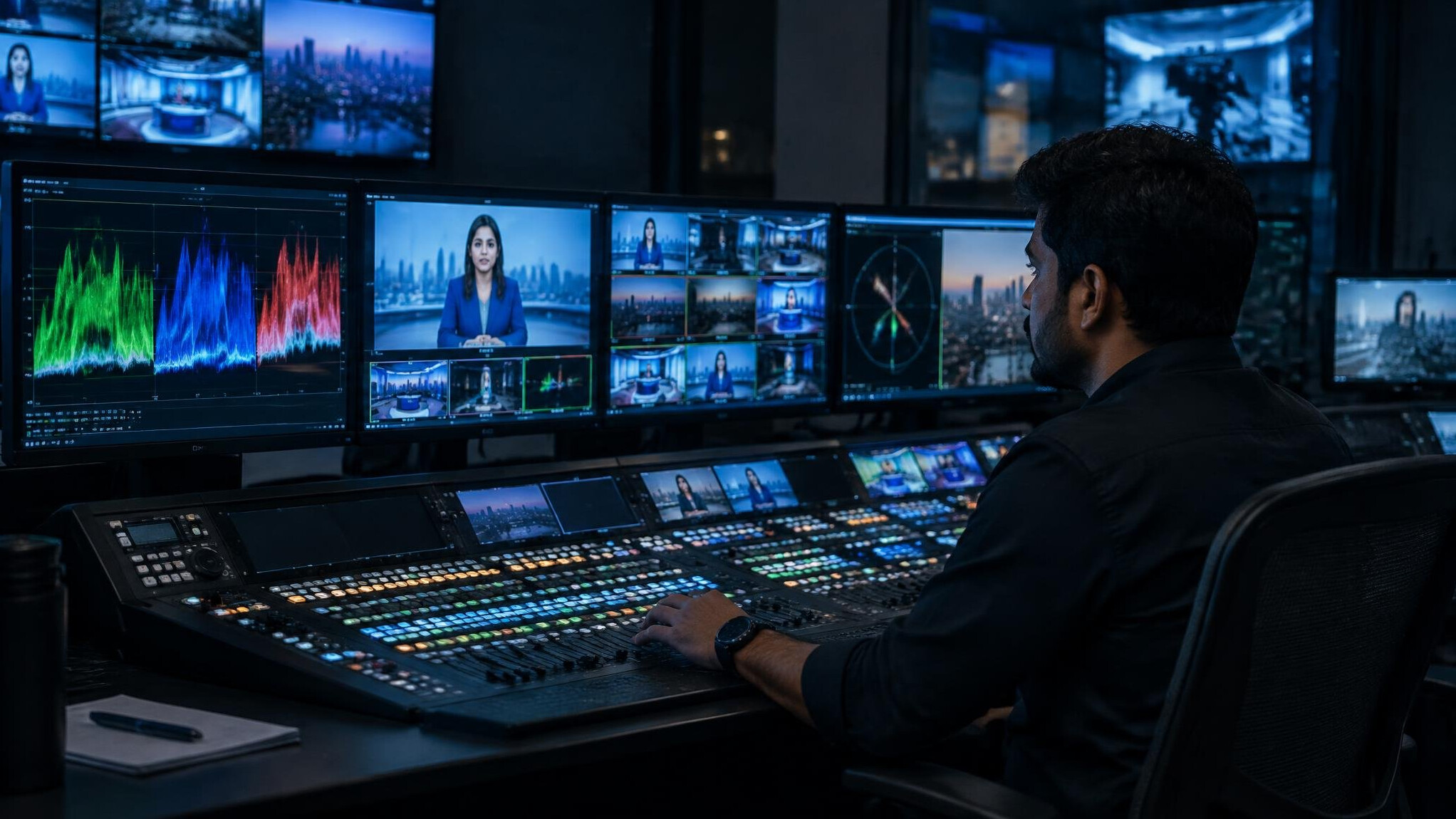 Broadcast control room with mixing console and waveform monitors
