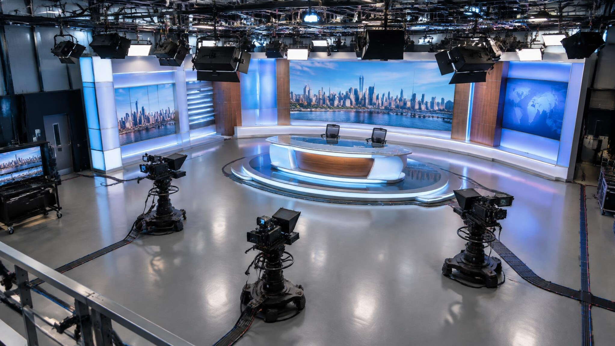 Wide view of an empty television studio set with lighting rig above