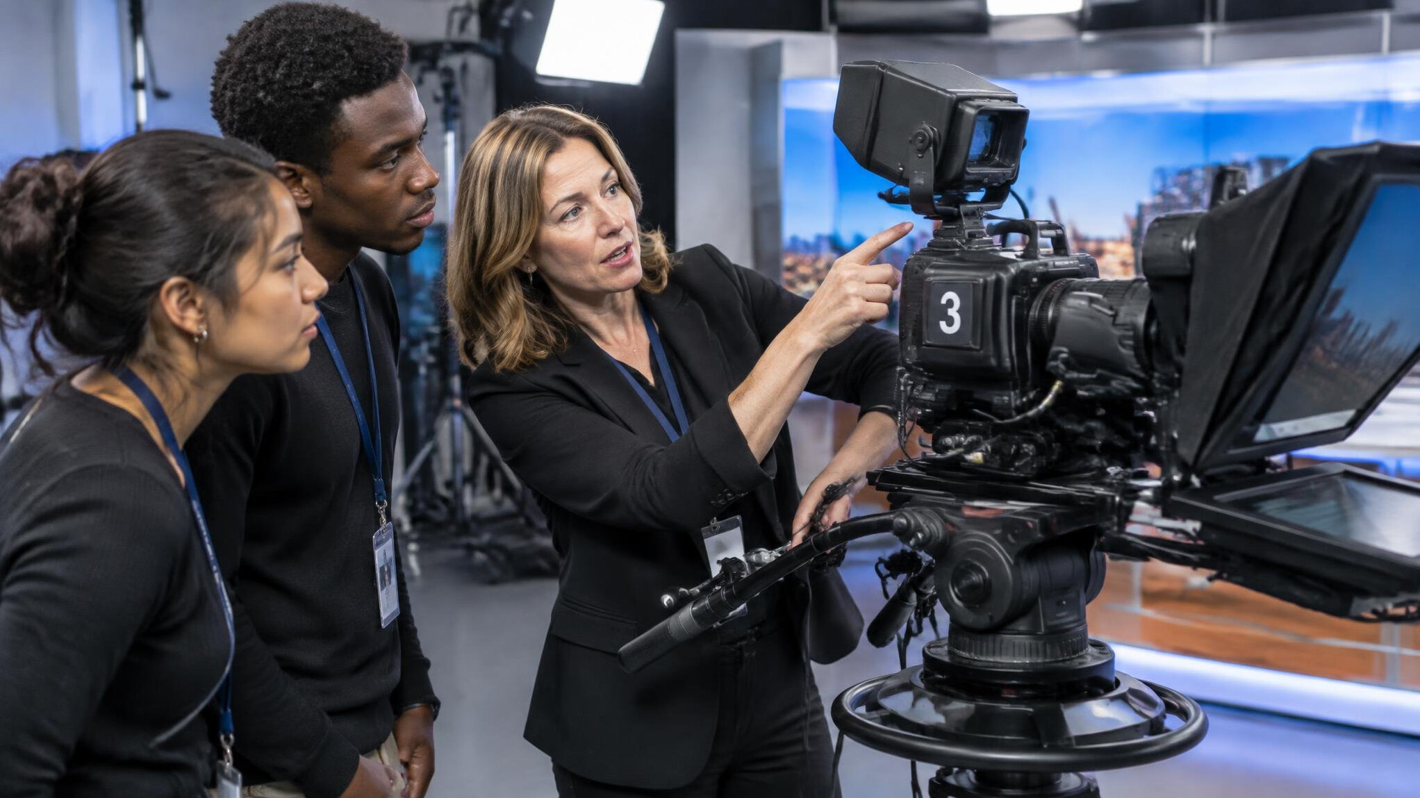 Instructor demonstrating camera operation to trainees in a studio