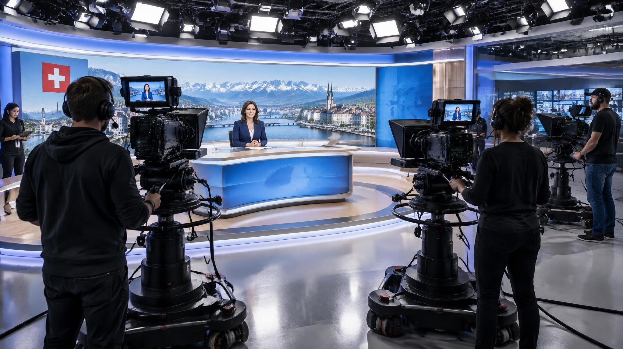 TV studio with cameras and bright lighting during a live broadcast