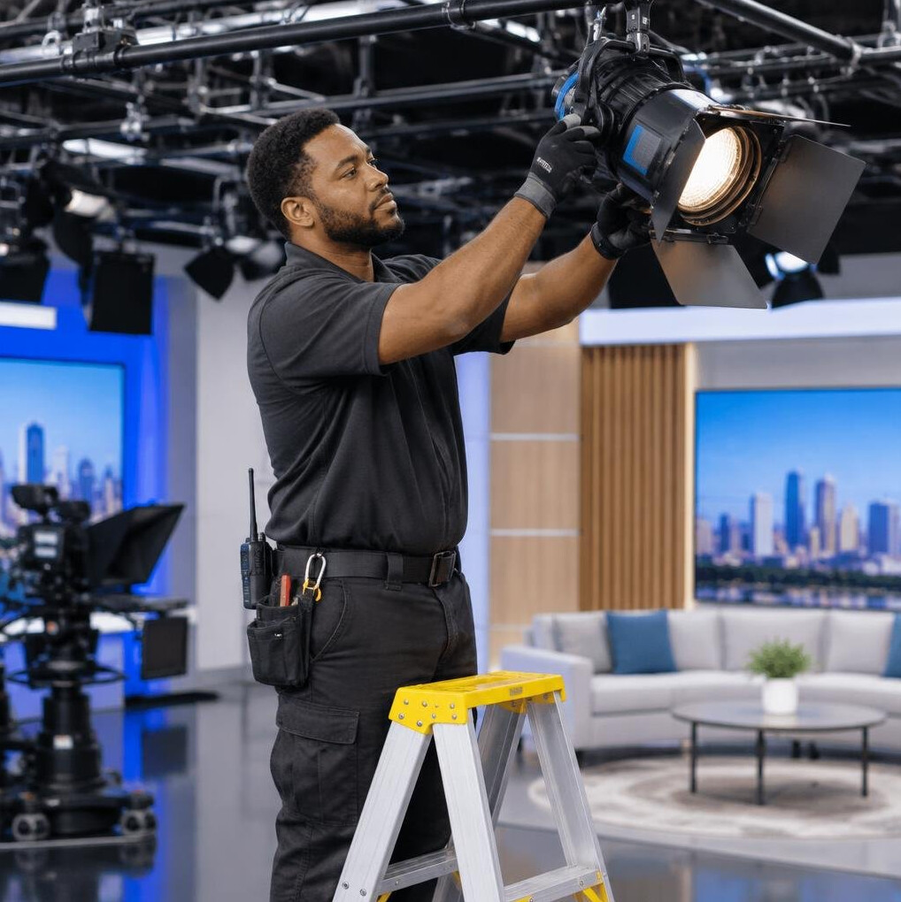 Technician adjusting a studio lighting rig