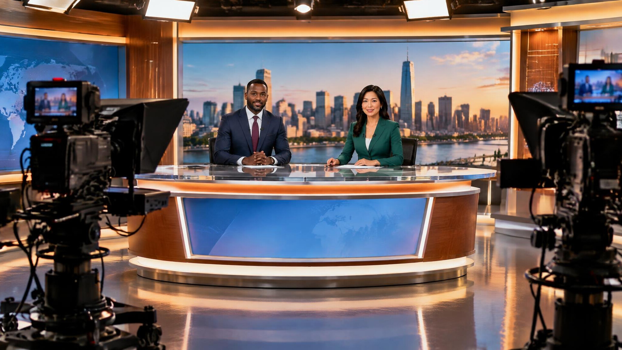 Wide shot of a news desk during a live broadcast with multiple cameras