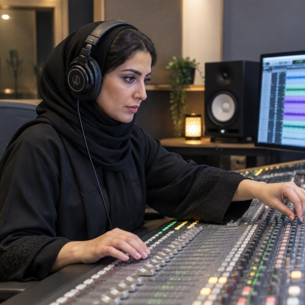 Sound engineer mixing audio while wearing headphones
