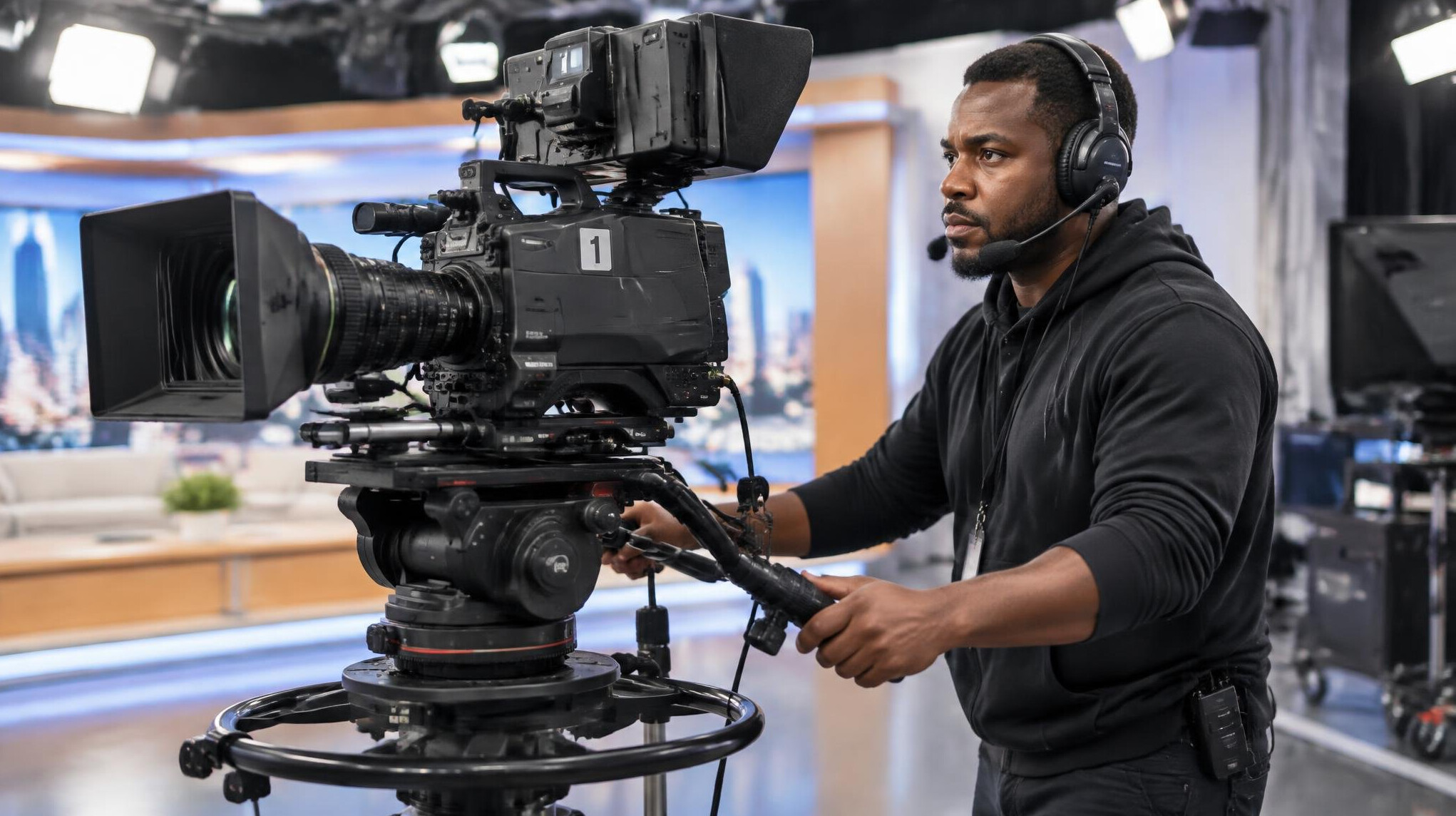 Camera operator adjusting a professional broadcast camera on a dolly