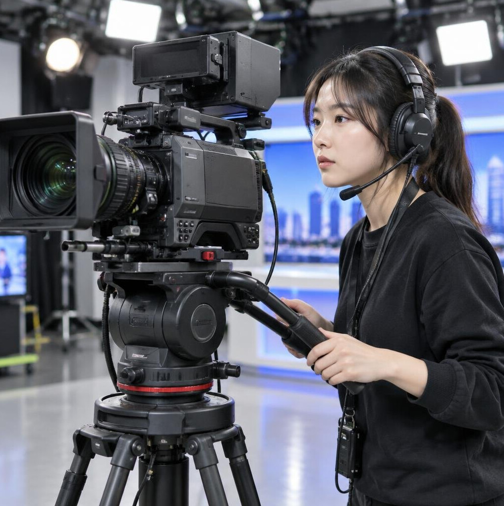 Person operating a professional broadcast camera in a studio