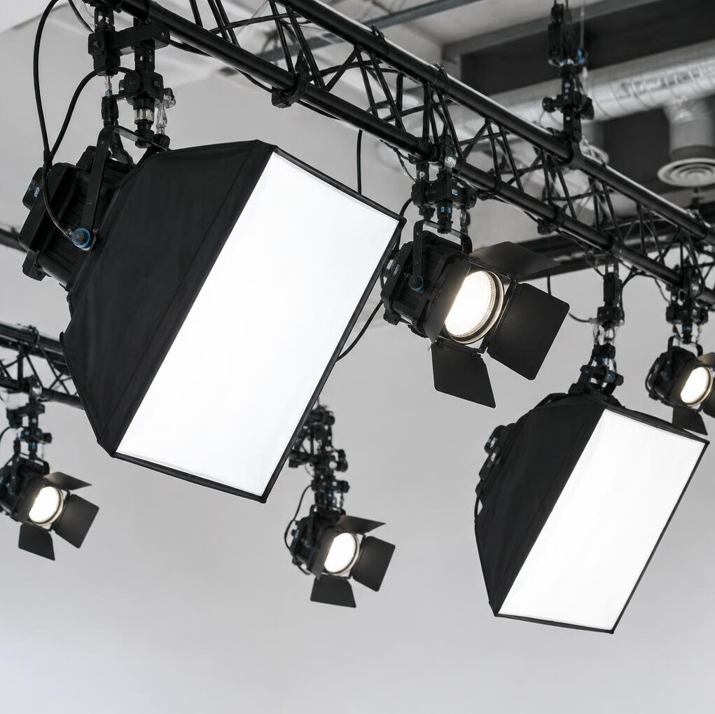 Close-up of a studio lighting rig with softboxes