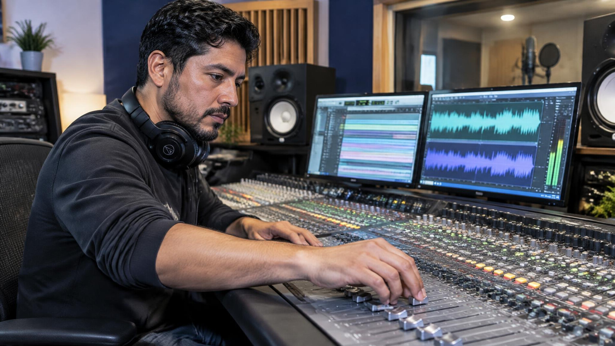 Sound engineer adjusting an audio mixing board with waveform monitors